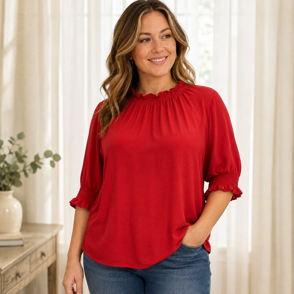 Who What Wear XXL Red Blouse Smocked Ruffle Neck Puff Elbow Sleeve Holiday